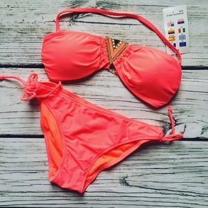 STYLISH SWIM Palm Springs Bikini Boho Medallion Orange Side Tie Bottom Small